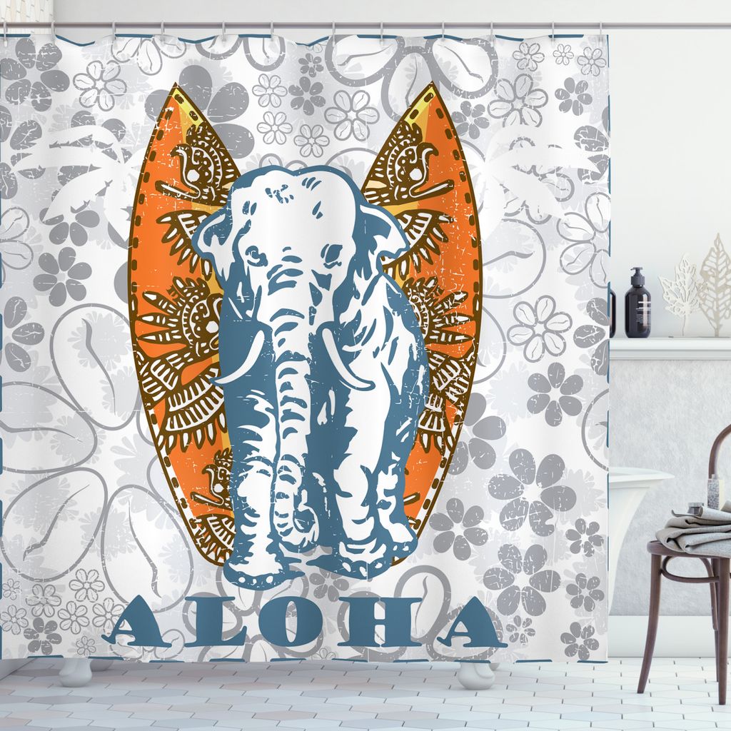 ABAKUHAUS Elefant Duschvorhang, Surfbrett und Elefant, Trendiger Druck Stoff mit 12 Ringen Farbfest Bakterie und Wasser Abweichent, 175 x 180 cm, S...