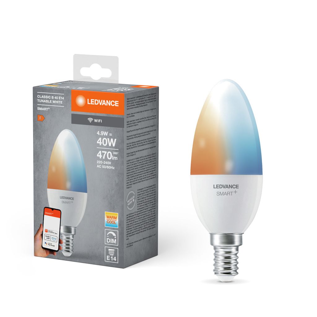 Ledvance LED Smart+ Kerze 4,9W = 40W E14 matt 470lm CCT Productafbeelding 