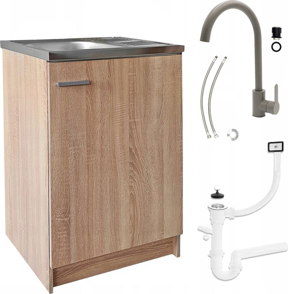 A kitchen sink cabinet with a faucet and plumbing parts arranged next to it.
