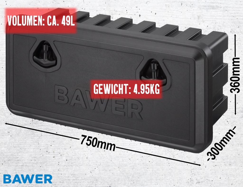 BAWER Unterbaubox Staukasten Anhängerkiste (750x360x300) Staubox Unterflurbox abschließbar leicht 49l Gurtkiste Heckbox LKW Pritschenbox Werkzeug...