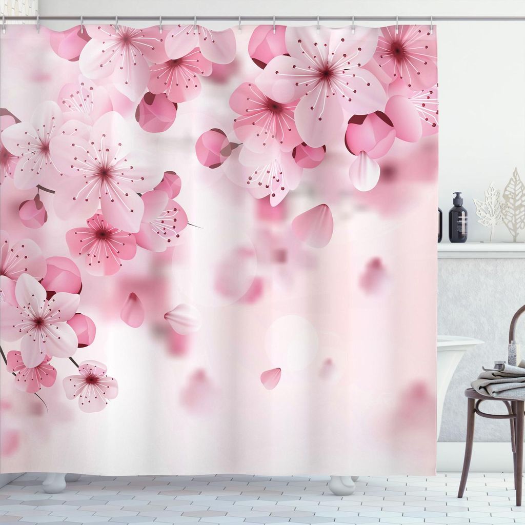 ABAKUHAUS Blumen Duschvorhang, Japanische Sakura Flowers Blossoms östliche Frühlings-Natur-Thema-Illustration, 175 x 240 cm, Baby Pink Hellrosa