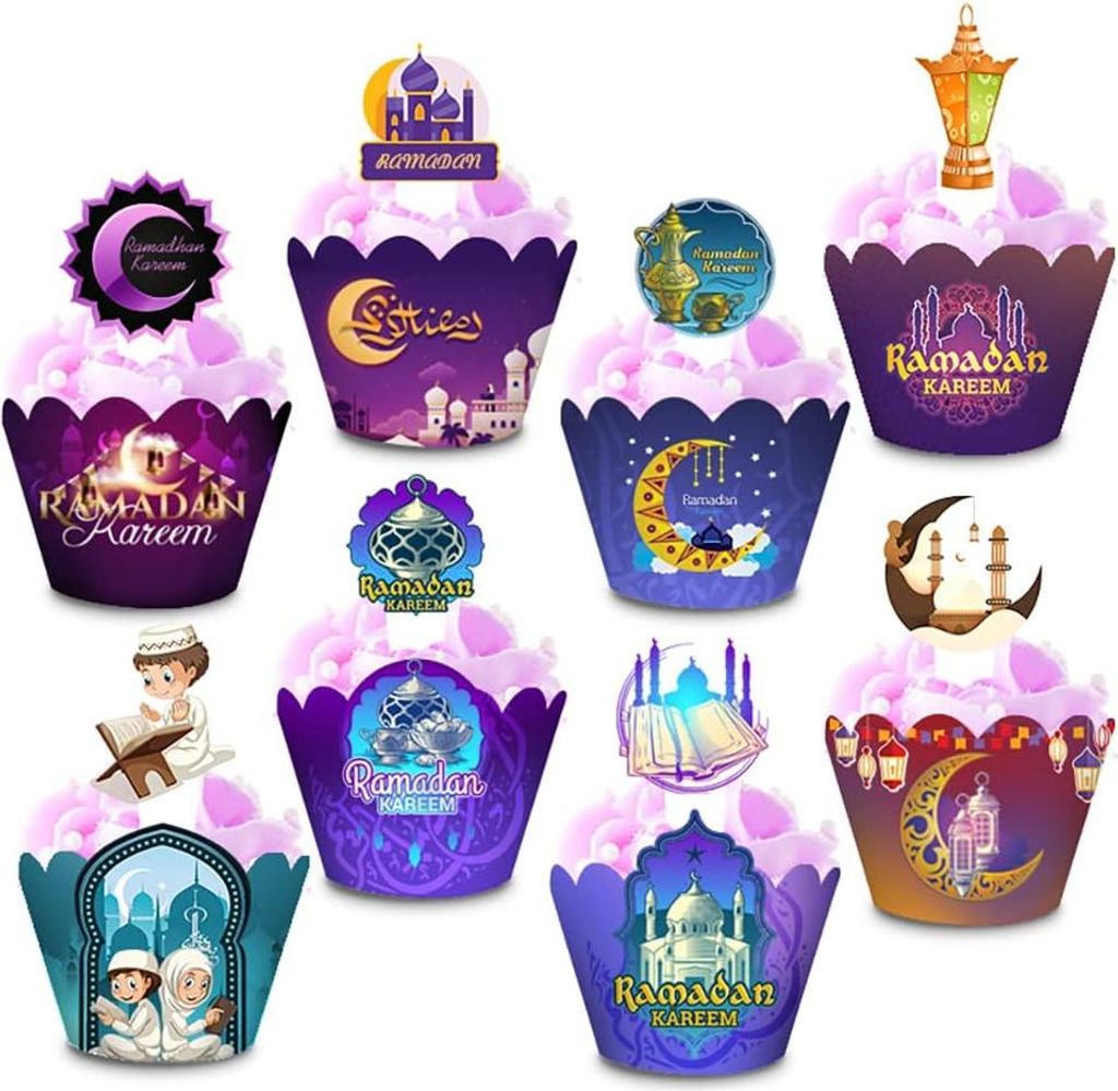 Inovra Plus - Cupcake Toppers und Wrappers für das Ramadanfest - Set von 48 Stück - Eid Mubarak Dekoration - Islamische Muslim Festbedarf