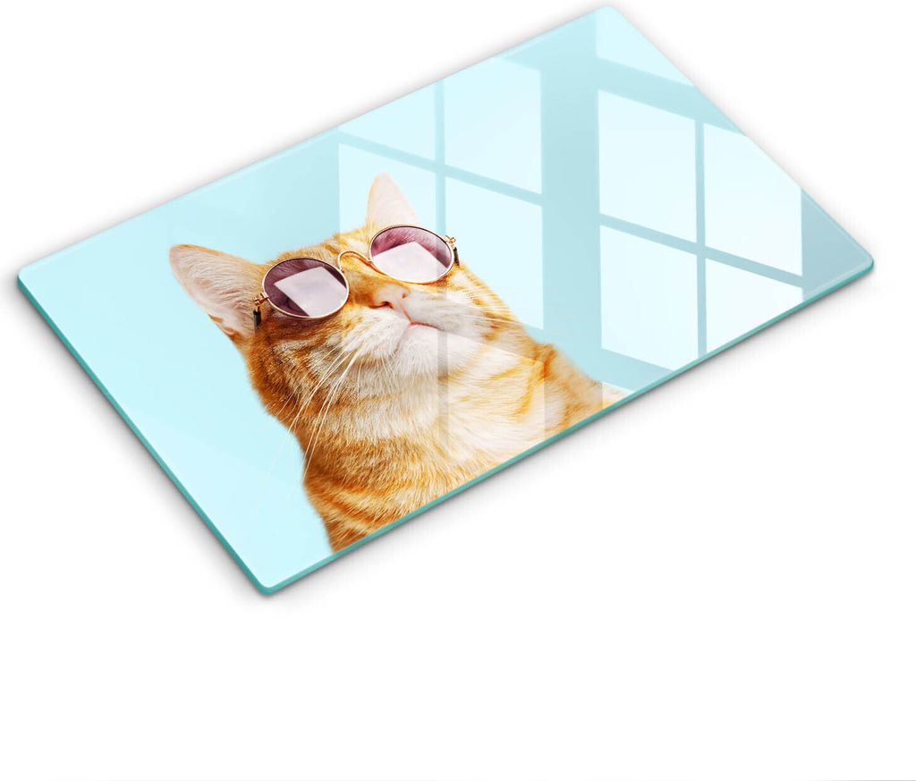 Abdeckung Glas - Küchenabdeckung - 30x52 cm - Abdeckplatte -Rote Katze mit Brille