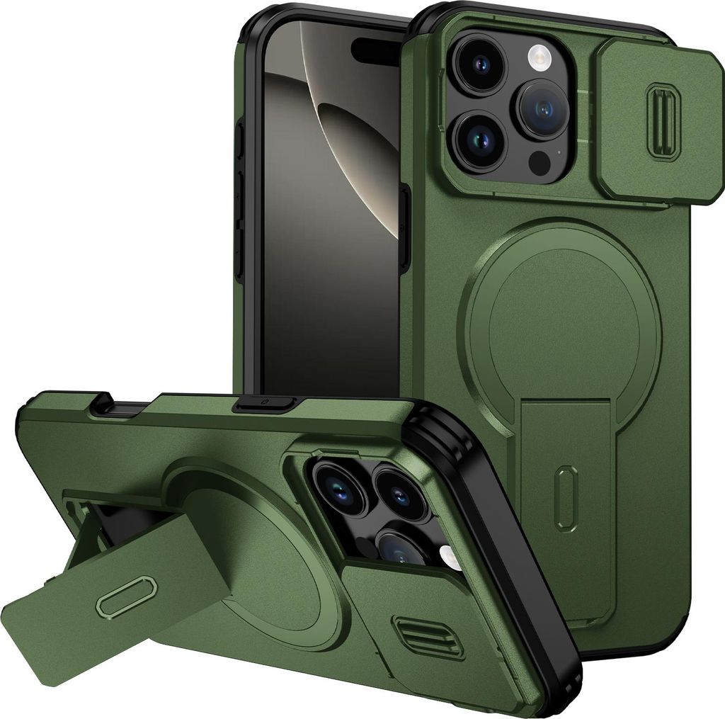 Magnetisch Hülle für iPhone 16 Pro Max, Dual Layer Stoßfest Handyhülle mit Dia Kameraschutz, Verstellbarem Ständer Grün