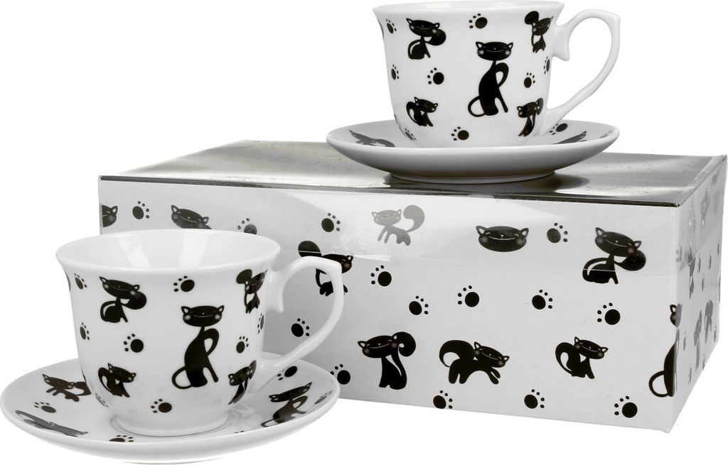 DUO ANIMALS 2er-Set Tassen 250 ml BLACK CATS mit Untertassen, New Bone China Porzellan
