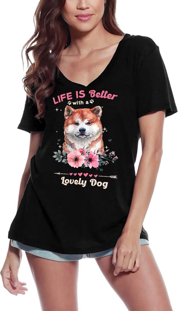 Damen Grafik T-Shirt V-Ausschnitt Akita inu Leben ist besser mit einem lieben Hund – Akita Inu Life Is Better With A Lovely Dog – Öko-Verantwo...