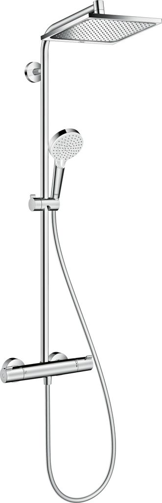 A shower system with a rain shower head and a hand shower on a rail, mounted on a wall.