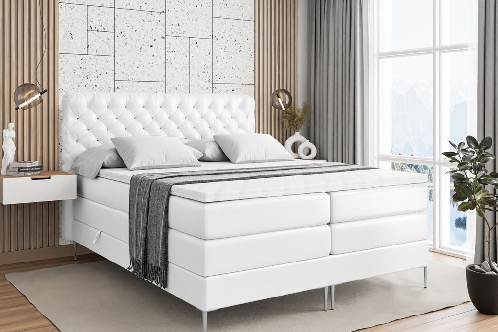 ALTDECOR Boxspringbett mit Silber Füßen, Matratze und Lattenrost, Topper, Polsterbett mit Bettkasten, Bett mit Stauraum H3- und H4- Matratze, Dop...
