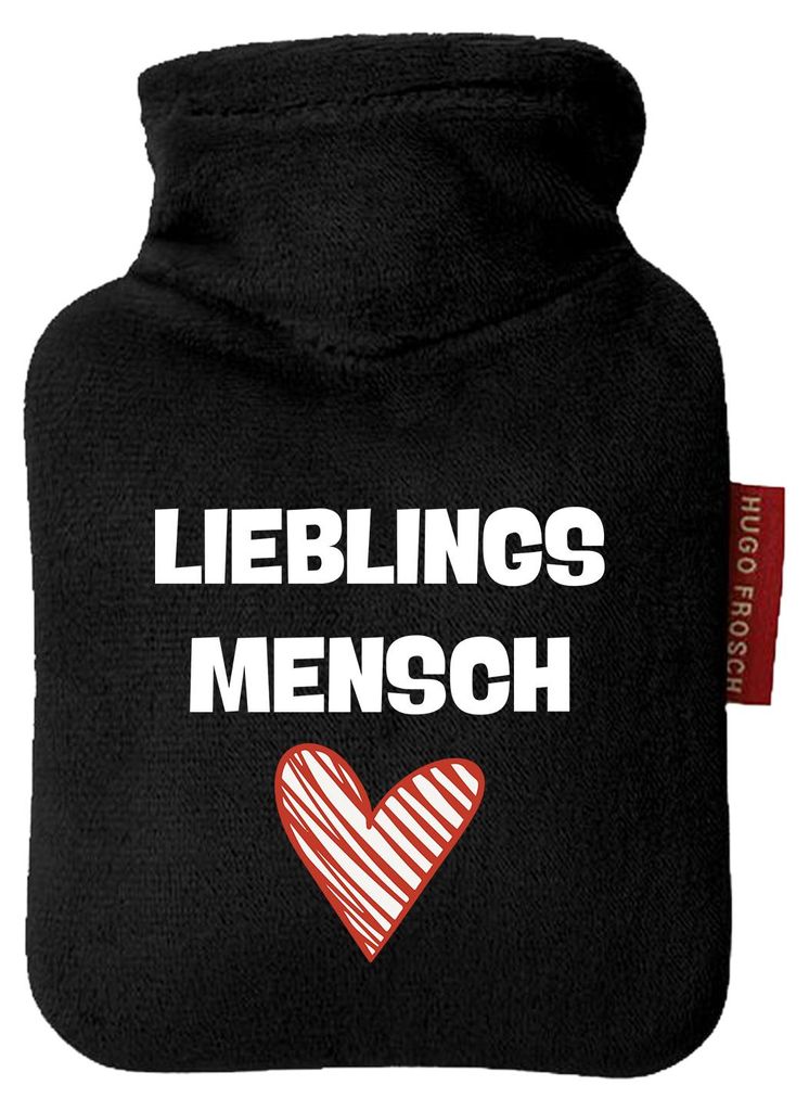 Huuraa Mini-Wärmflasche Lieblingsmensch Herz 0,2 Liter Black Mini Veloursbezug Taschenwärmer Geschenkidee