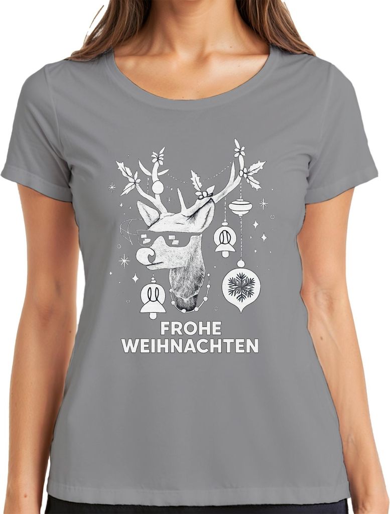 FROHE WEIHNACHTEN Rentier Sonnenbrille Hirsch Weihnachtskugeln Damen T-Shirt, Grau, XXL