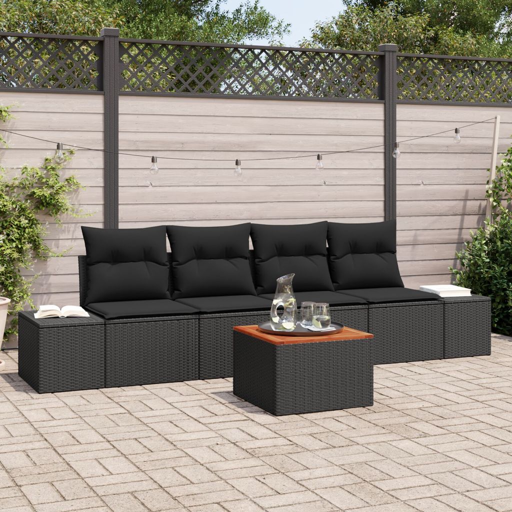 ZMH 5-teiliges Garten Sofa Set mit Kissen Schwarz Poly Rattan Akazie