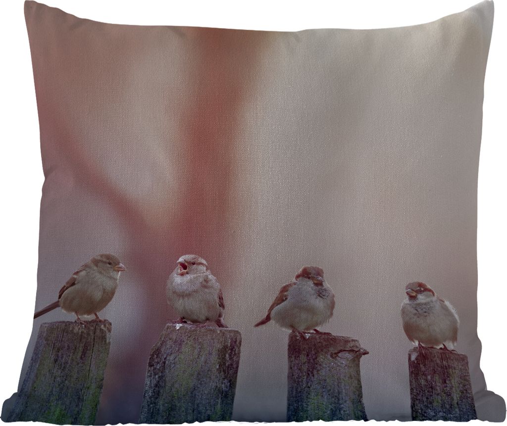 MuchoWow Outdoor Kissen - Vögel - Spatzen - Pfähle - Holz - 60x60 cm - Wetterfest - Lounge Kissen - Dekoration - Schlaf Kissen