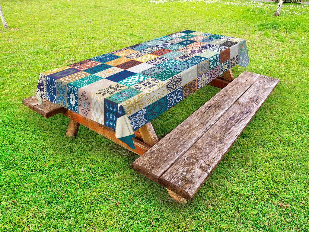 ABAKUHAUS marokkanisch Tischdecke Outdoor, Patchwork Muster mit Tunesischen Motiven Abstrakte Geometrie Natur Muster, Mehrfarbig, 145x210cm