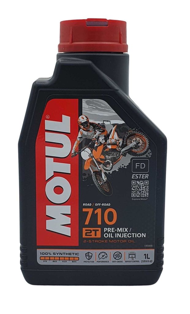 A bottle of Motul 710 2T 1 Liter Pre-Mix/Oil Injection motor oil.