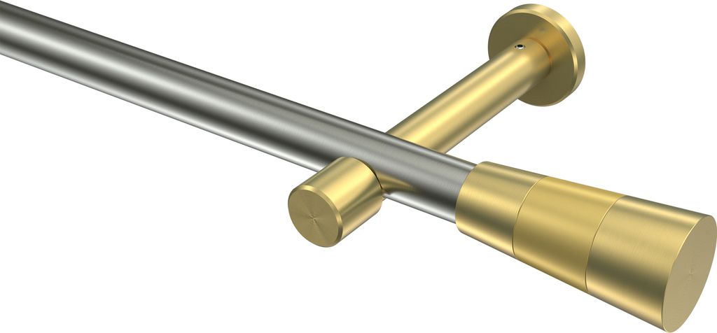 Interdeco Gardinenstange / Vorhangstange Edelstahl-Optik / Messing-Optik, Typ Prestige Tanara (Konus Bicolor) ohne Ringe, 20 mm Ø 1-läufig, 520 cm