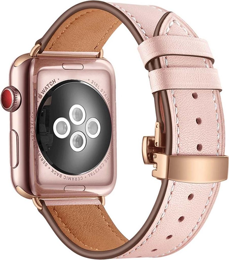 Eko, Armband für Apple Watch 38/40/41mm aus echtem Leder mit Faltschließe, Rosa