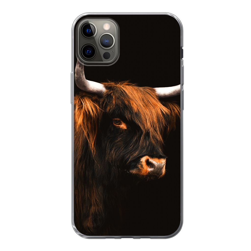 MuchoWow Handyhülle Schutzhülle Hülle für iPhone 12 Pro Max Schottischer Highlander - Vlies - Kuh Silikon Softcase Handy Hülle - Hartschale
