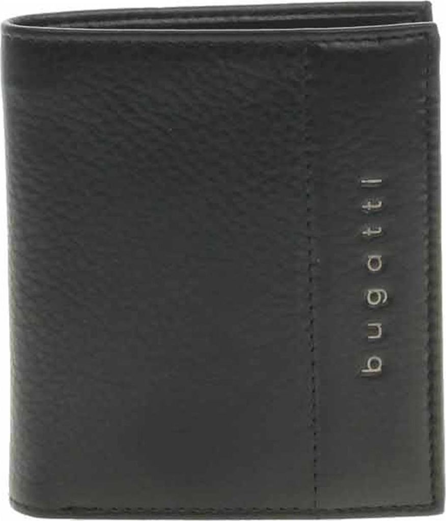 A black leather wallet with the Bugatti logo embossed vertically on the right side.