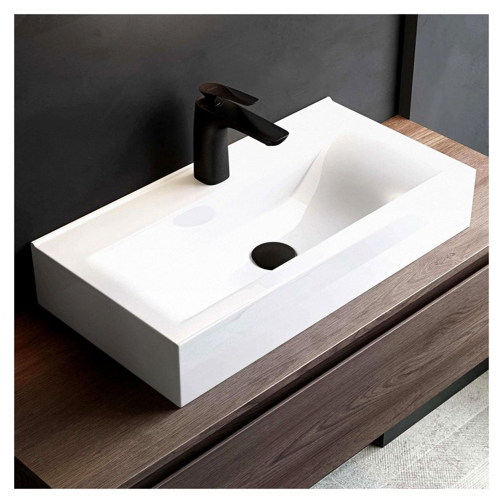 Waschbecken Aufsatzwaschbecken Hängewaschbecken aus Keramik in Weiß mit Nano-Beschichtung, Rechteckig BTH: 61x31x10cm