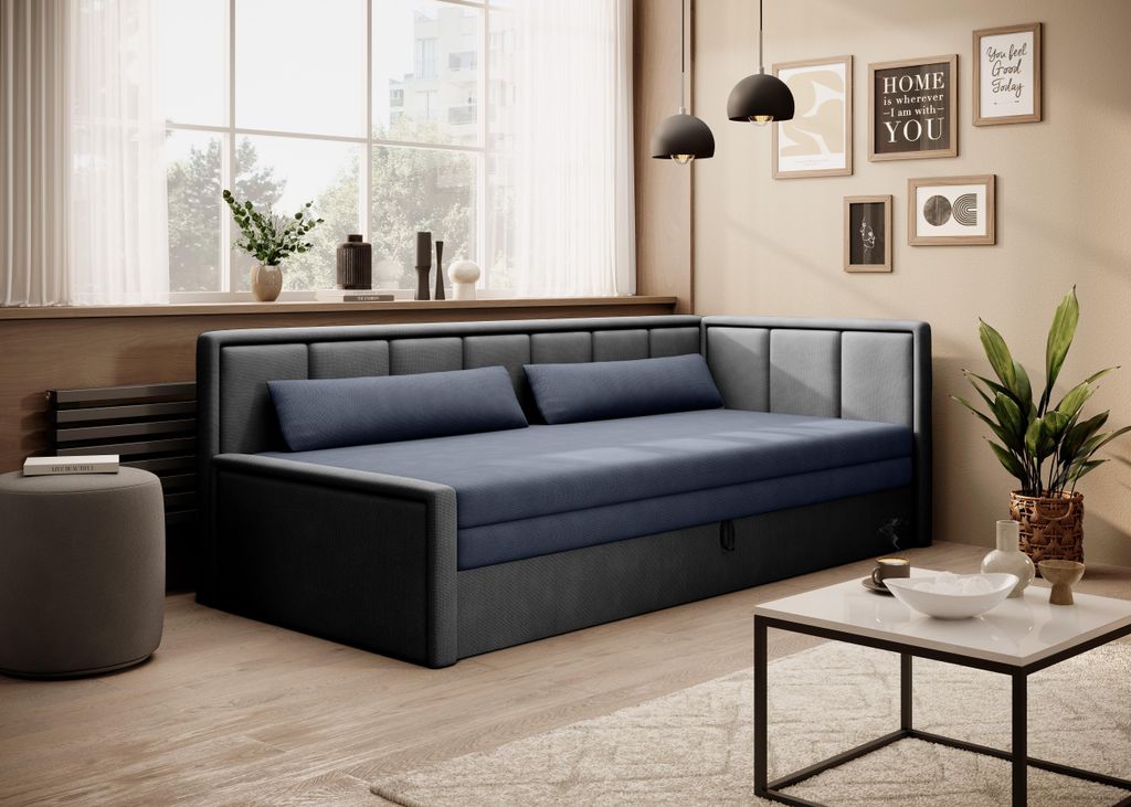 Krudox FULG 3-Sitzer Schlafsofa ausziehbar 214×77×82 cm mit Bettkasten, Stauraum und Kissen, Schlaffunktion 150×200 cm, Stoff POCO 40/4, rechts