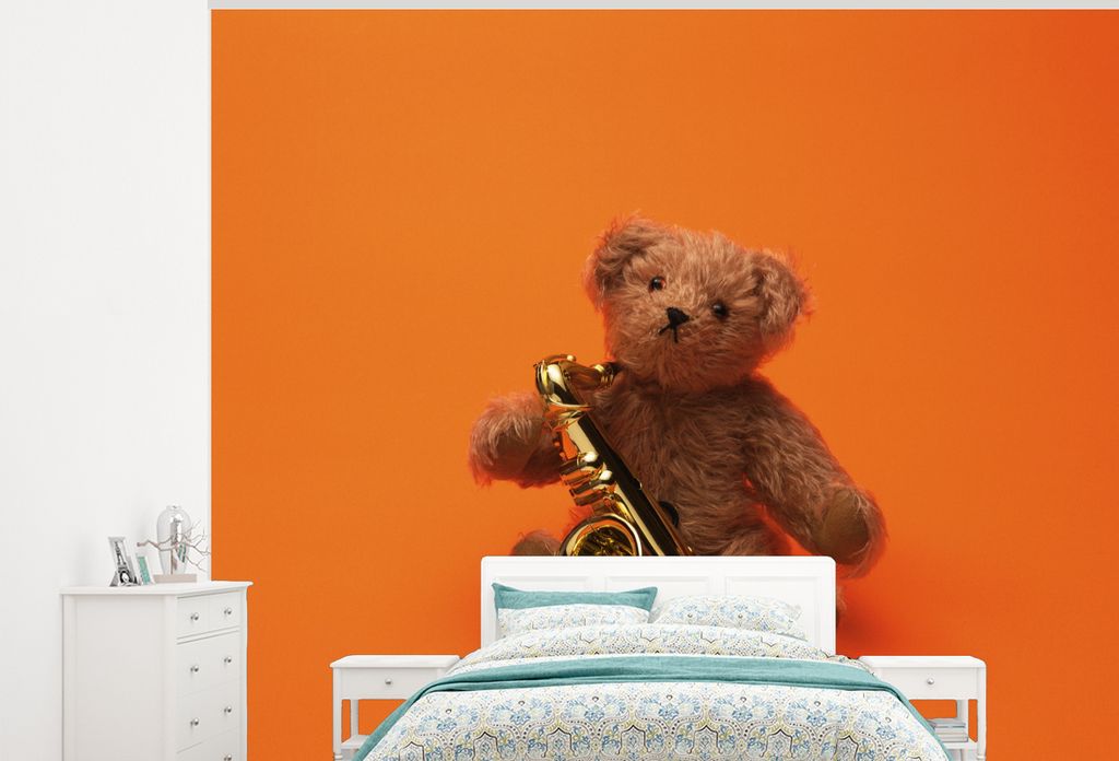 MuchoWow Fototapete für Wohnzimmer oder Schlafzimmer Wandtapete Vinyl Motivtapete Teddybär mit Saxophon - 325x260 cm - Tapete