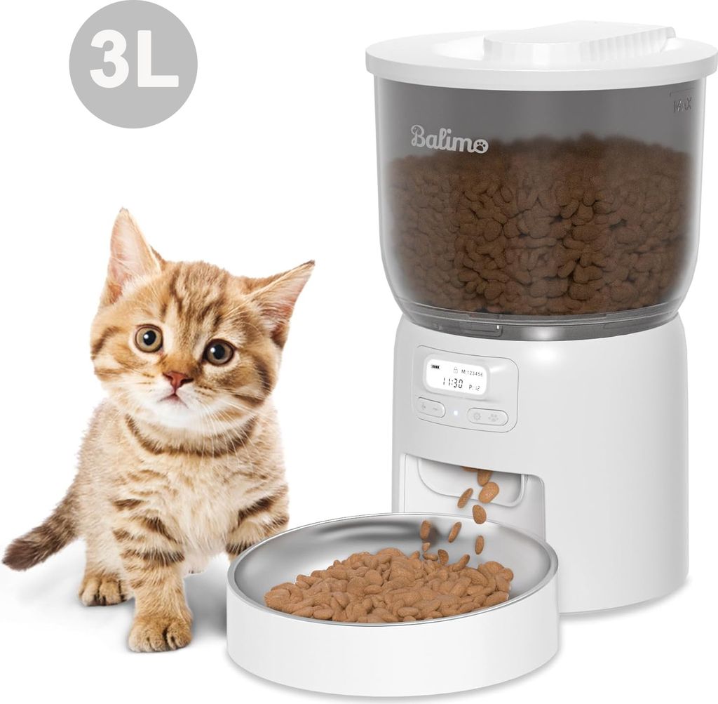 Balimo 3L Automatischer Futterautomat für Katze und Hund mit Programmierbar Timer/LCD/bis zu 6 Mahlzeiten am Tag, Weiß