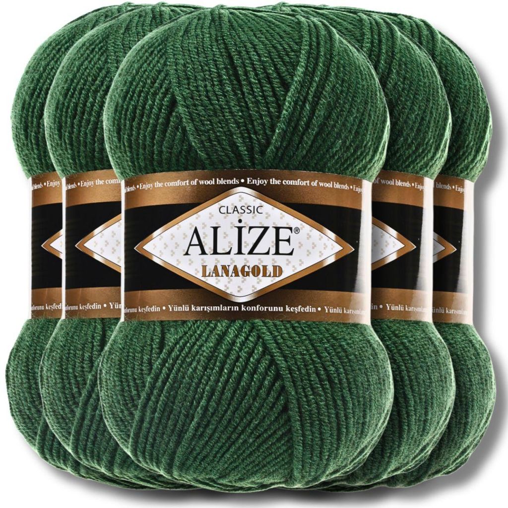 Alize 5x 100g Lanagold Wolle, Uni, Häkeln, Stricken (Pine | 118)