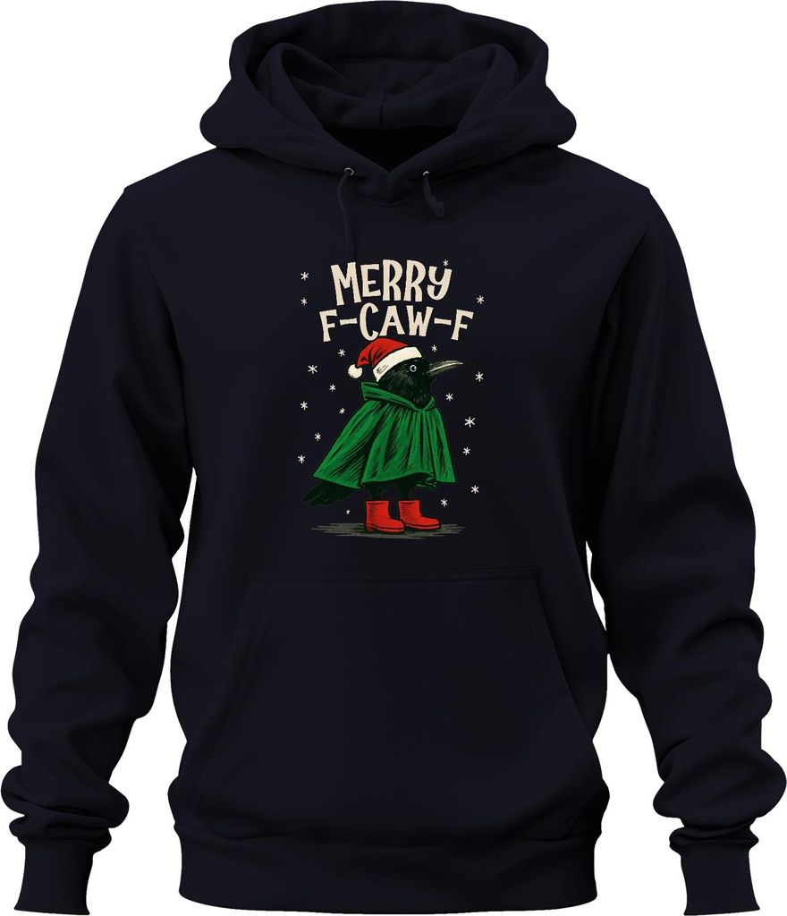 Merry F Caw F Krähe Weihnachten lustig Santa Hut Retro Uni Hoodie Kapuzenpullover, Navy, L