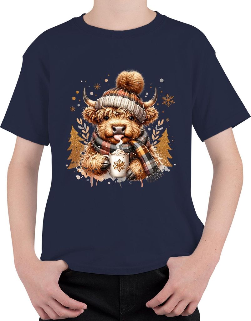 Highland Kuh Bommel Schal Becher Winter Weihnachten Geschenk Uni Kinder T-Shirt, Navy, 140