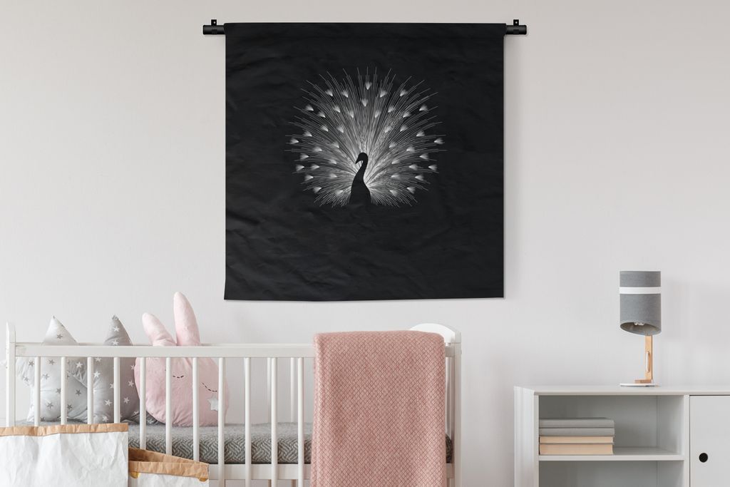 MuchoWow Wandteppich Wandbehang Pfau - Schwarz - Weiß 90x90 cm Tapisserie Dekoration Wandtuch - Wandaufhänger