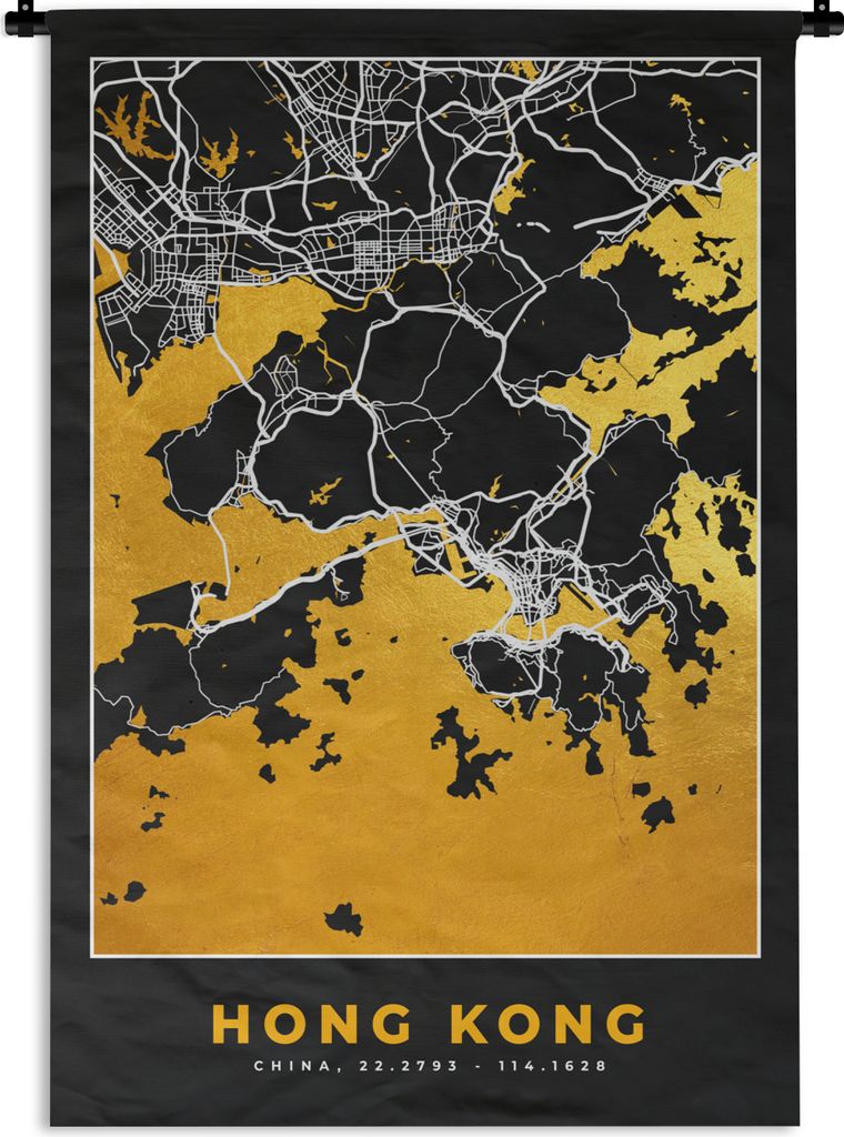 MuchoWow Wandteppich Wandbehang Hongkong - Stadtplan - Gold - Karte 60x90 cm Tapisserie Dekoration Wandtuch - Foto-Teppich - Abwaschbar