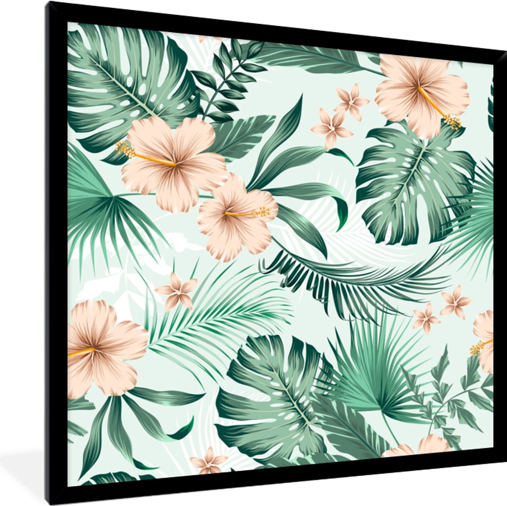 MuchoWow MuchoWow Gerahmtes Poster Blumen - Hibiskus - Monstera - Muster 40x40 cm - Poster mit zchwarzem Bilderrahmen - Mit Rahmen - Wanddekora...
