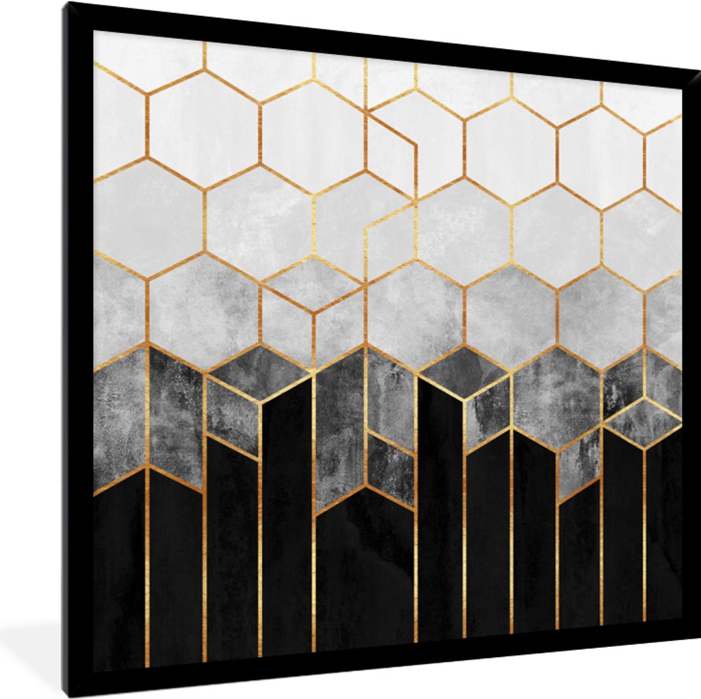 MuchoWow Gerahmtes Poster Gold - Sechseck - Chic - Muster - Luxus 40x40 cm - Poster mit Schwarzem Bilderrahmen Wandposter Rahmen Foto Bilder - Mi...