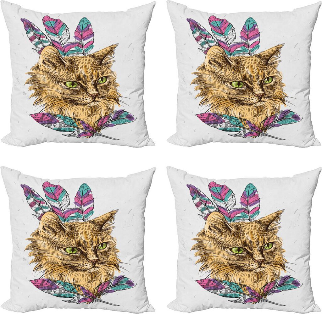 ABAKUHAUS Katze Kissenbezug Set (4 Stück), Katze mit bunten Federn, Moderner Doppelseitiger Digitaldruck, 45 cm x 45 cm, Mehrfarbig