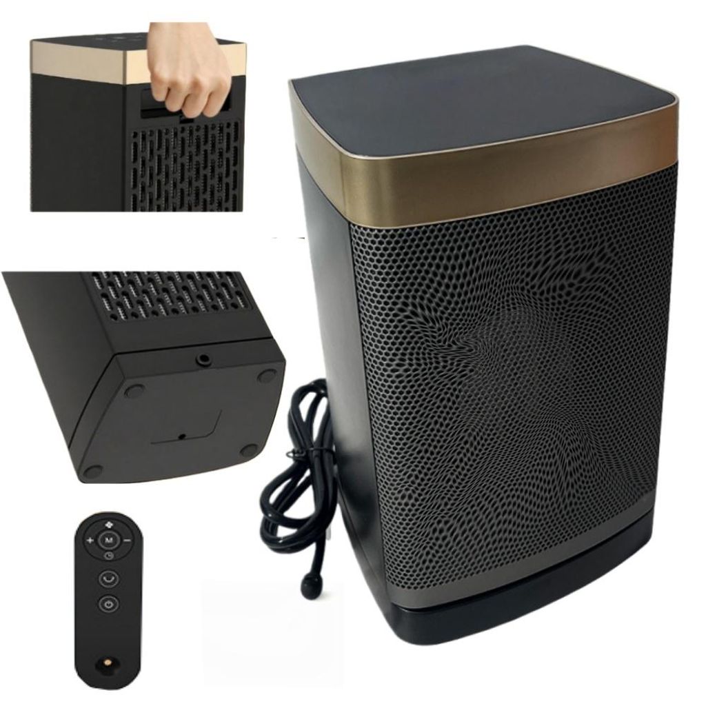 A collage of images showing a black ceramic heater with gold accents from different angles, including a hand holding the handle and a remote control.