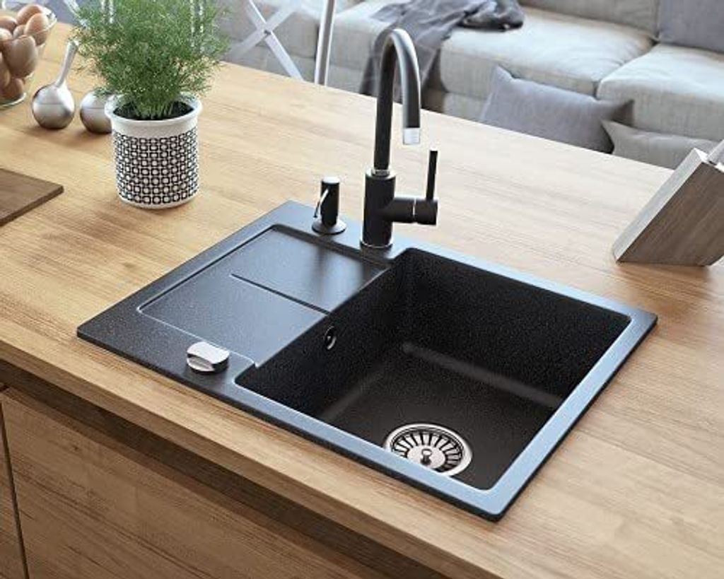 BADLAND Elza Set Spülbecken Granitspüle Einzelbecken mit kurzer Ablaufplatte Schwarz Armatur Spültischarmatur Siphon