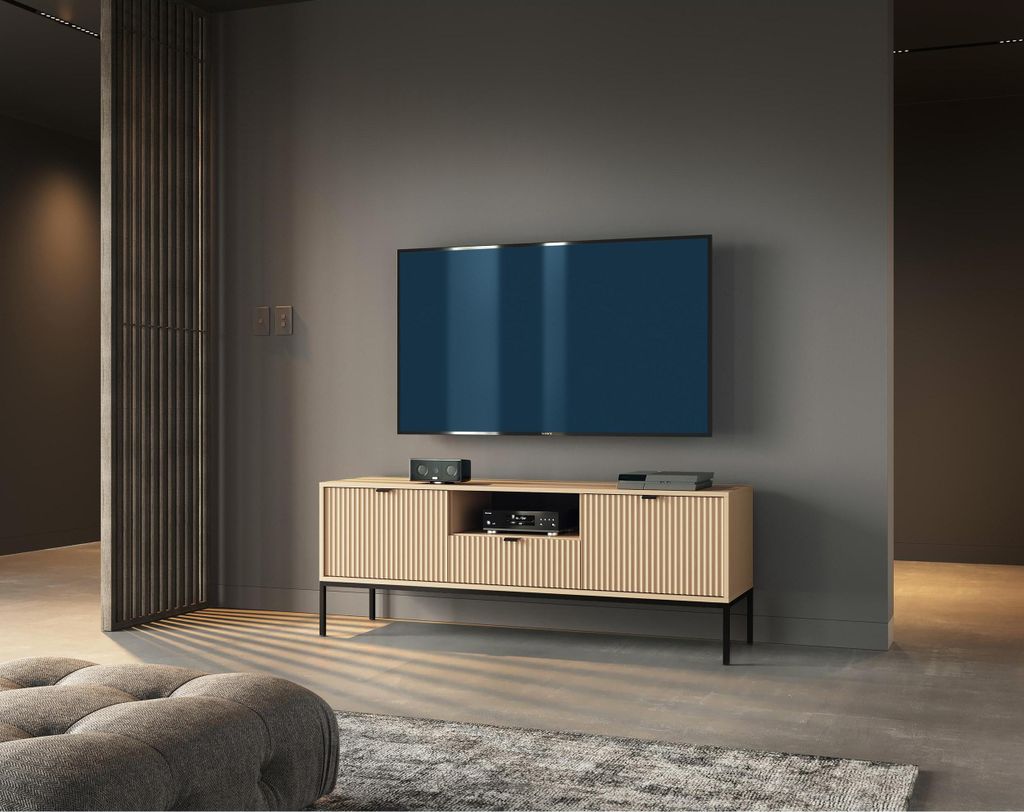 Moderner 150cm Breit TV-Schrank Celin TV-Lowboard mit gefräster Front Fernsehschrank mit Schublade und 2 Türen TV-Kommode für Wohnzimmer in hell...
