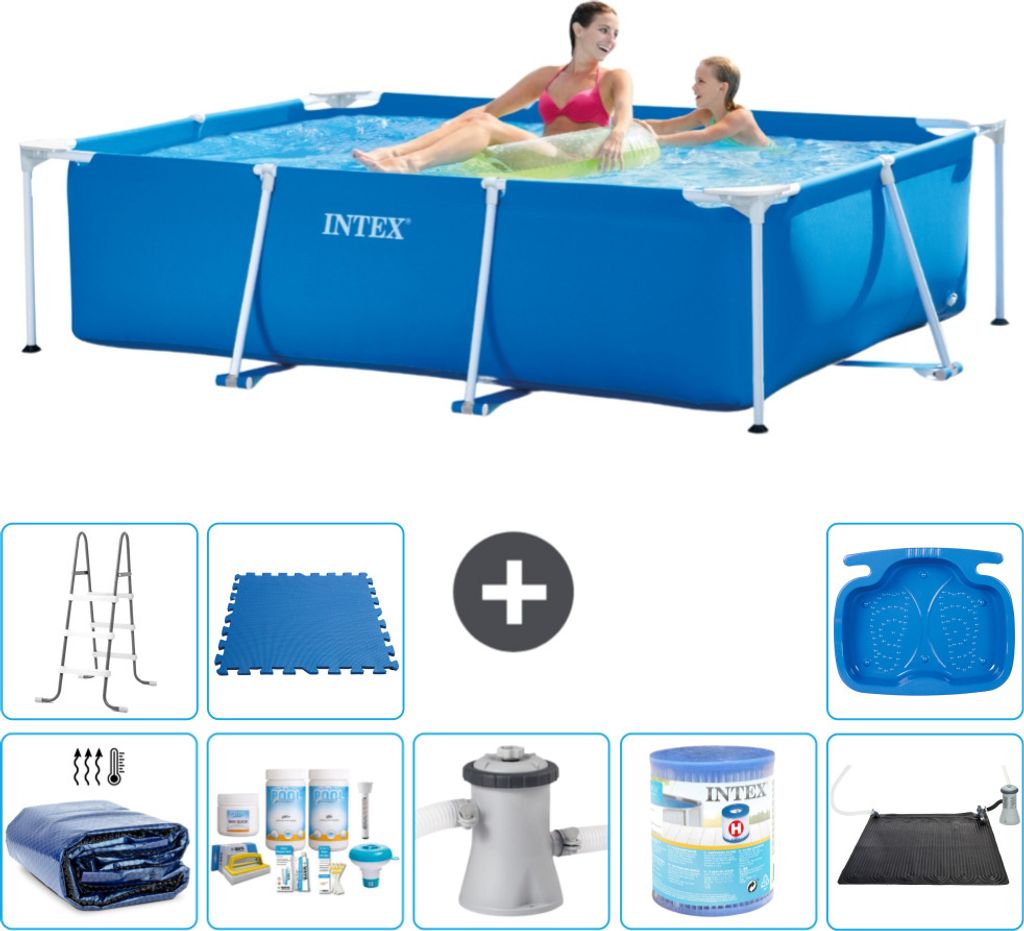 Intex-Schwimmbecken mit rechteckigem Rahmen – 220 x 150 x 60 cm – Blau – im Lieferumfang enthalten Sonnensegel - Wartungspaket - Filterpumpe ...