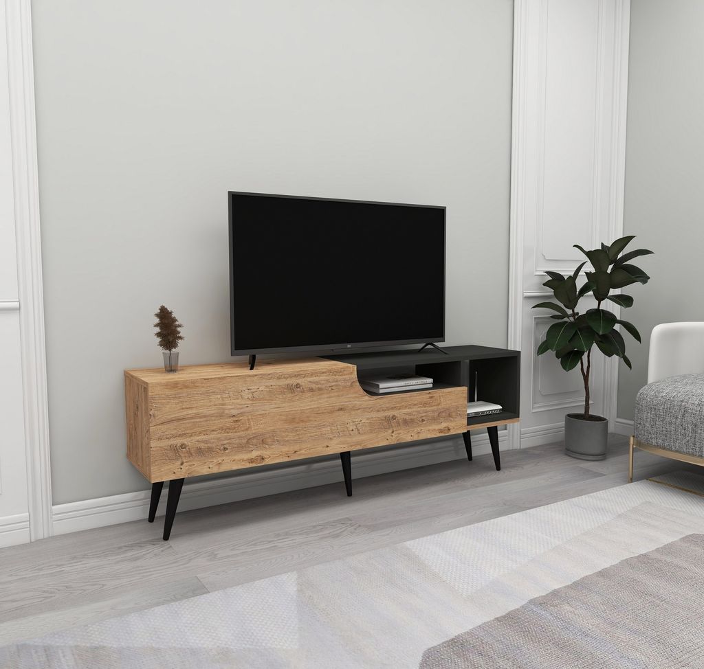 Skye Decor, Alba - Atlantic Pine, Anthracite, TV-Ständer, 100 % MELAMINBESCHICHTETE SPANPLATTEN, Atlantische Kiefer, 150 x 29,6 x 49,6 cm