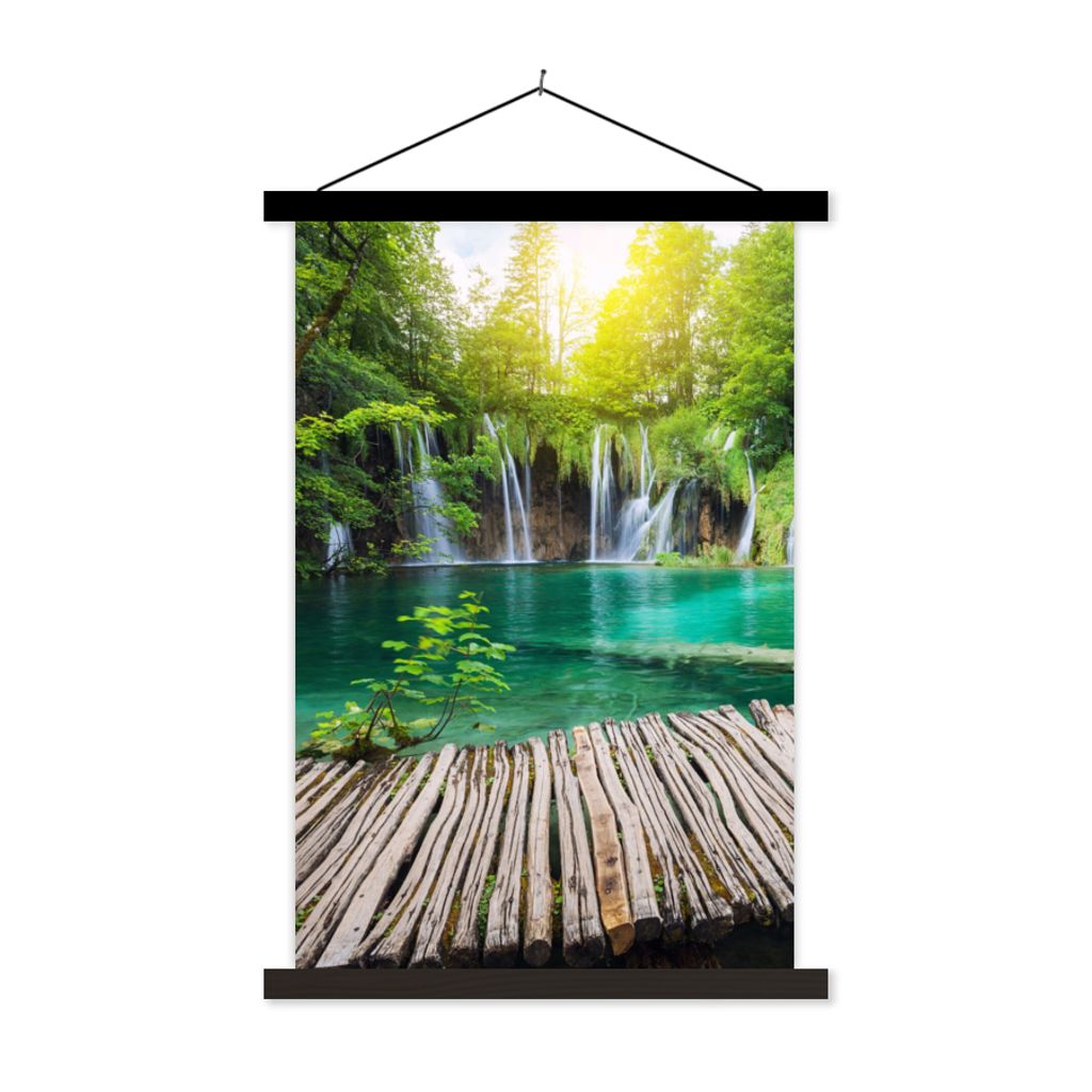 MuchoWow Textilposter Brücke - Wasserfall - Natur 120x180 cm mit schwarzem Rahmen - Fotos