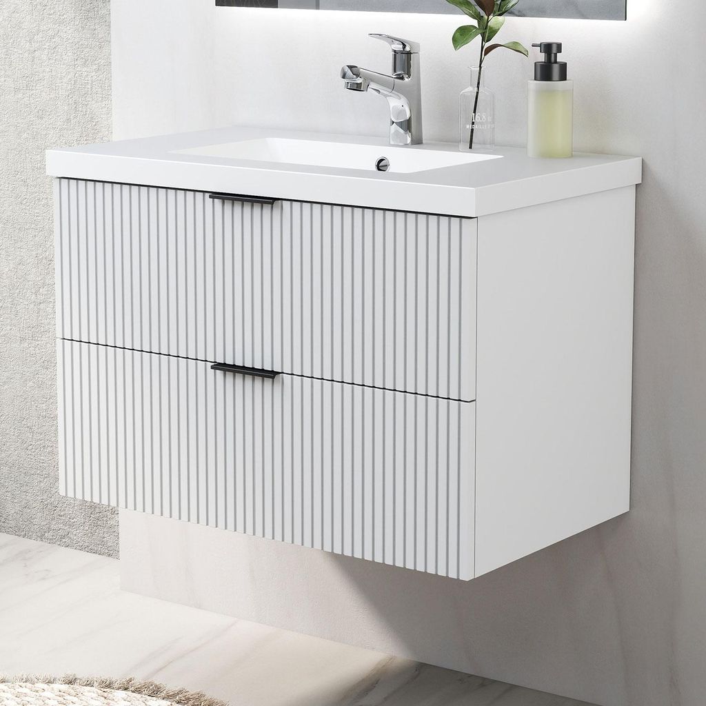 Waschtisch mit Unterschrank 80cm RIVA Badmöbel Set Weiß Waschbecken mit Unterschrank MDF Softclose