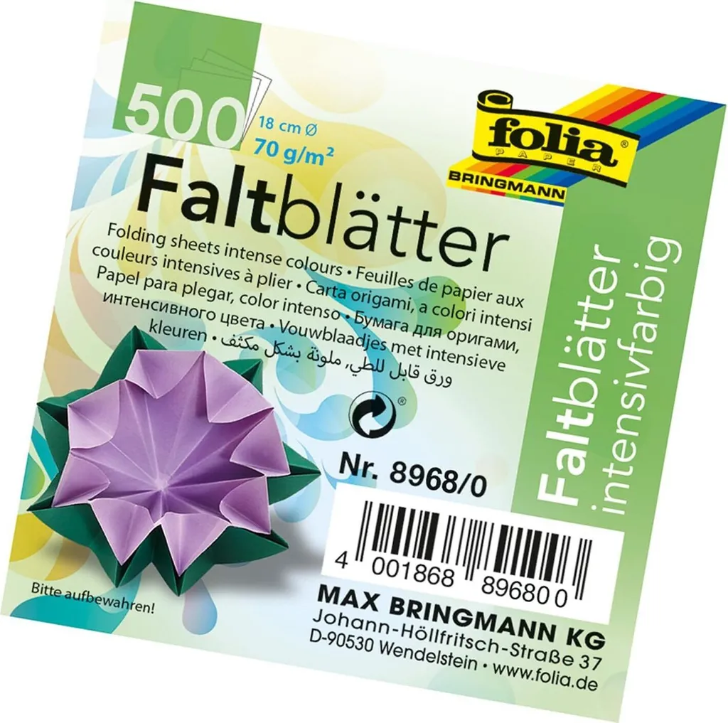 Folia 8968/0 Fogli Origami Rotondi Ø 18cm 500 Fogli 10 Colori Basic Mix