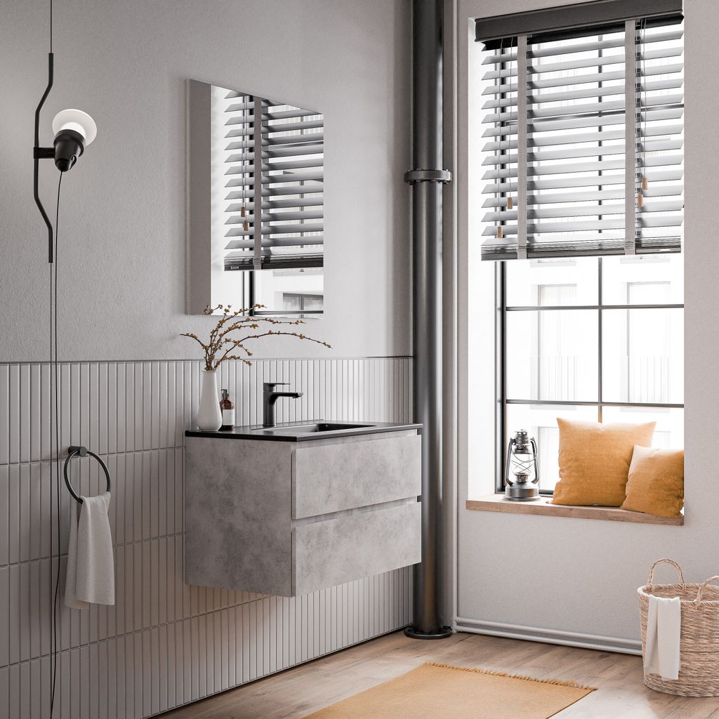 Unterschrank AVA 80 cm mit Keramik Waschbecken - Farbe wählbar, Farbe Badmöbel:Schwarz matt, Waschbecken:Weiß glänzend