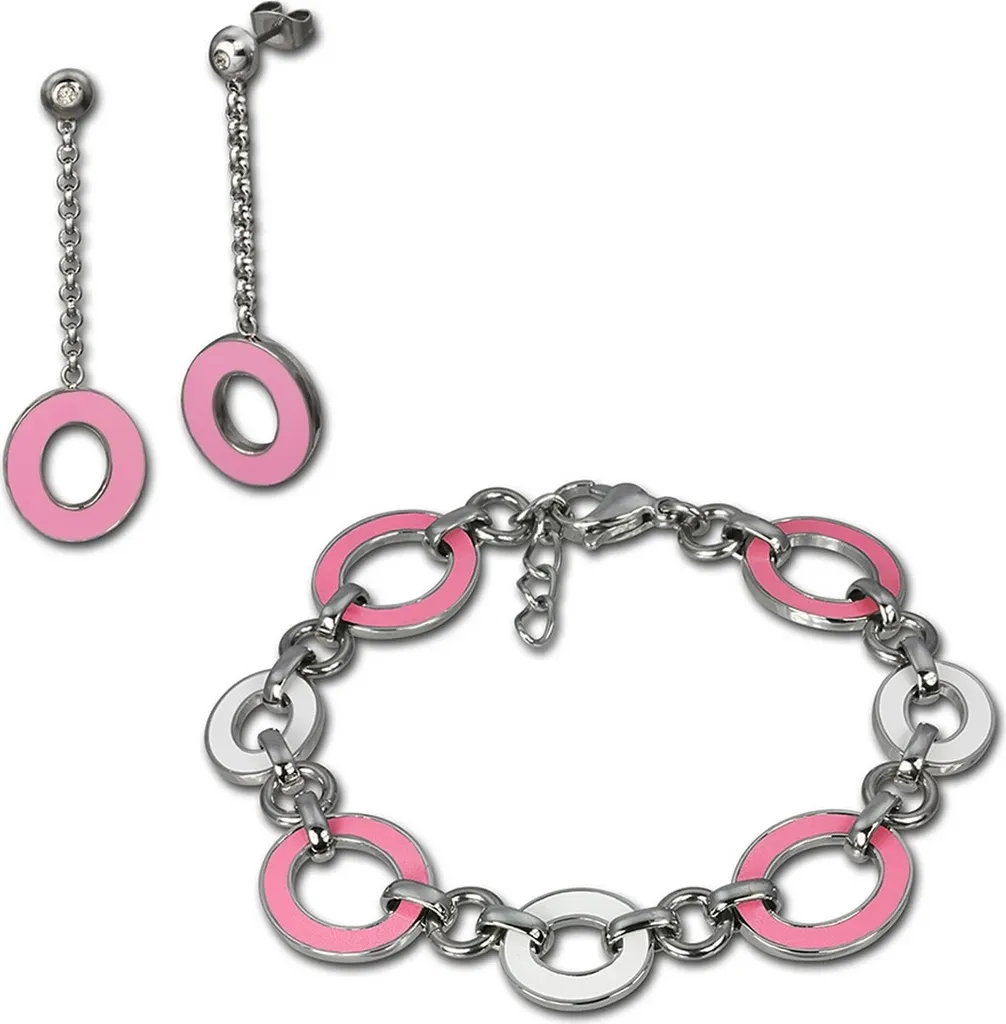 Set Gioielli Acciaio Inox Amello Rosa Bianco Smalto D2ESSG06P