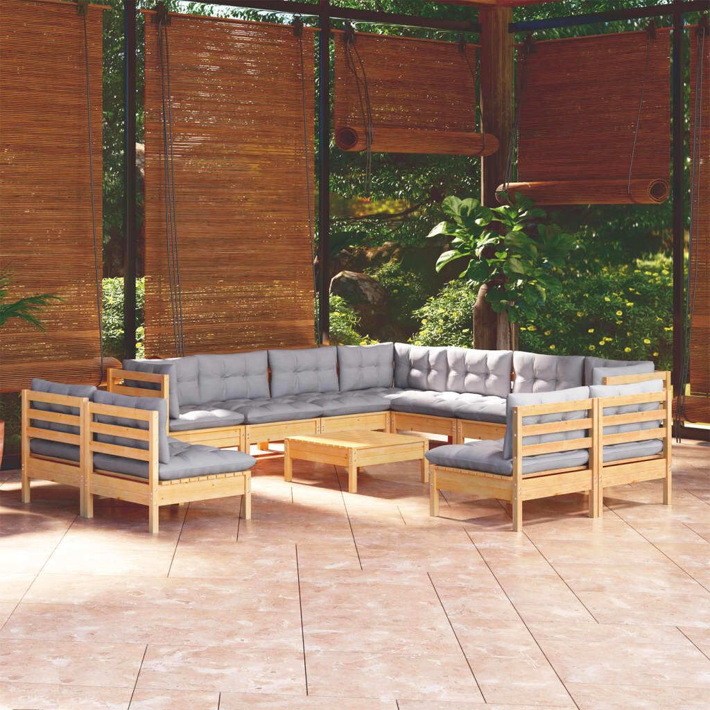 Möbel 12-tlg. Garten-Lounge-Set mit Grauen Kissen Massivholz Kiefer - Balkonmöbel 3096868