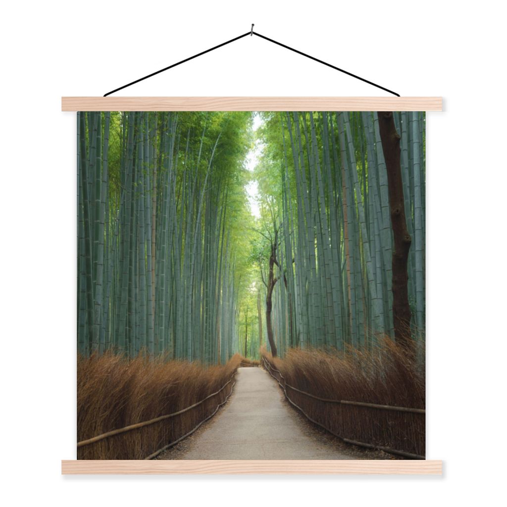 MuchoWow Textilposter Bambus - Weg - Wald 120x120 cm mit holzfarbenen Rahmen - Textil-Poster