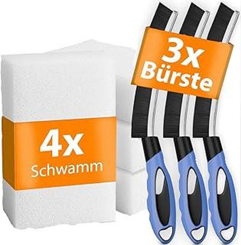 Fugenbürste inkl. gratis Schmutzradierer – 3X Reinigungsbürste + 4X Melamin Schwamm – Fugenbürste Bad & Küche, Fugenreiniger für Fliesenfu...