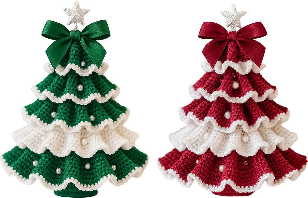 Handgefertigter gehäkelter Weihnachtsbaum, DIY-Weihnachtsbaum, Häkel-Bastel-Starterset mit Schleife und Kunstperle für Anfänger, Strick-Weihnac...