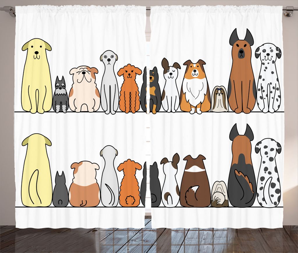 ABAKUHAUS Hund Rustikaler Gardine, Hundefamilie in einer Reihe, Schlafzimmer Kräuselband Vorhang mit Schlaufen und Haken, 280 x 245 cm, Gelb Braun