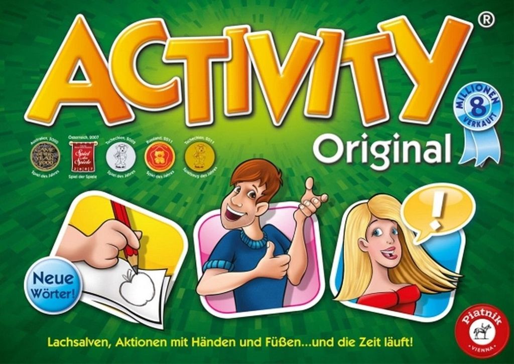 The image is the box art for the board game 'Activity Original'. It features the game's title, illustrations of people playing the game, and various awards and seals.